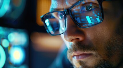 Businessman in glasses focused intently on a computer screen