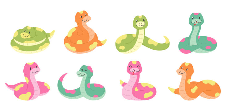 Set of cute cartoon multicolored snake characters isolated on white background. Vector illustration