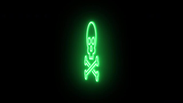Neon jolly roger sign animation, rotation around vertical axis. Glowing neon 3D skull crossbones icon, looped spin. Pirate skull emoji, corsair cranium, danger, death warning, skeleton. Green, yellow