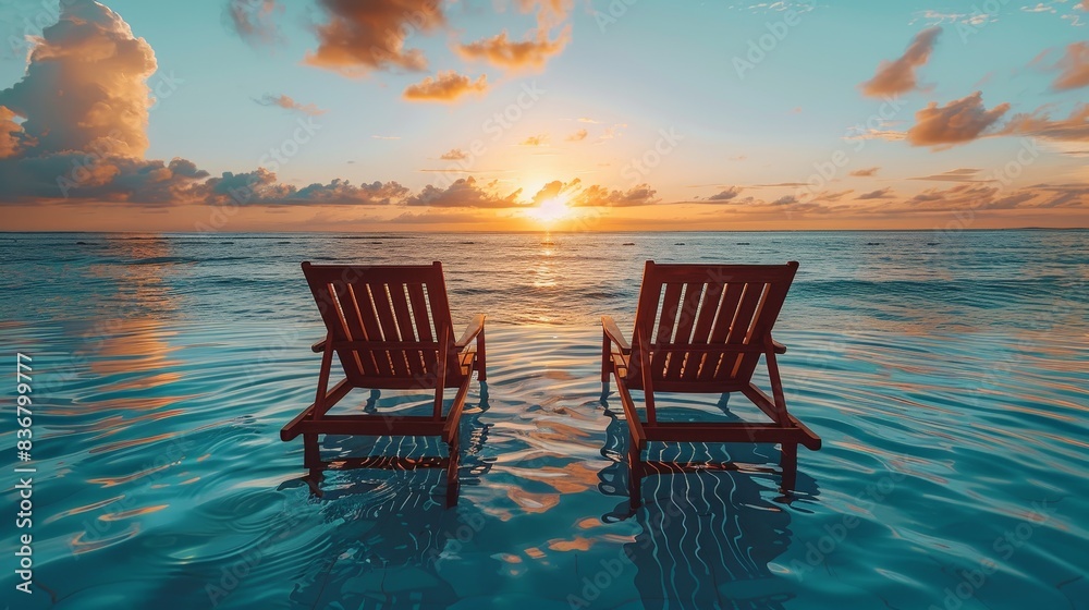 Canvas Prints two chairs in the ocean at sunset