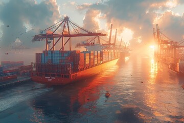 Naklejka premium Container ships glide smoothly across the open sea, silhouetted against the twilight sky.