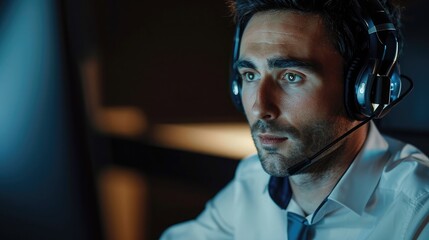 Businessman with a headset, listening attentively during a video conference