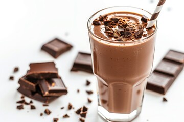 Freshly pressed chocolate juice smoothie with chocolate toppings on white background photography 