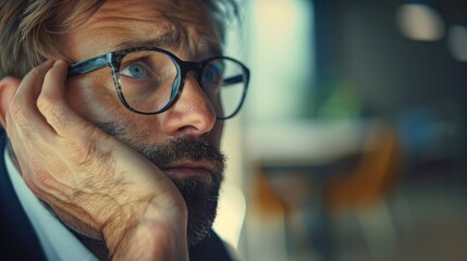 Businessman's face showing concern during a financial review
