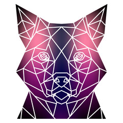 Stylized dog head a geometric style of triangles and different gradient colors with a white background, white lines. Vector art, sots art, low poly, cubo-futurism, sticker, cartoon avatar, animal logo