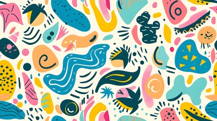 Playful Doodle Seamless Pattern with Vibrant and Saturated Hues Whimsical Textures and Organic Motifs