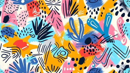 Fototapeta premium Playful and Energetic Seamless Pattern with Vibrant Cartoonish Doodles and Shapes