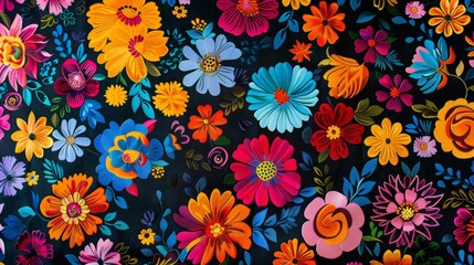 Colorful floral pattern with various flowers on dark background.