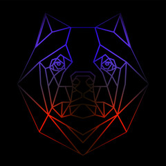 Colorful geometric dog head on a black background with a gradient lines, line drawing, neon lighting. Vector art, sots art, low poly, cubo-futurism, sticker, cartoon avatar, animal logo, surreal