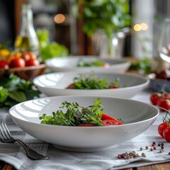 Fresh salad with tomatoes, lettuce, and herbs on a table with other vegetables and ingredients.