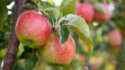 Obraz premium Honeycrisp. Close-up of a red apple with water droplets on a tree in sunlight.