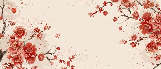 Fototapeta premium Sophisticated Chinese New Year Floral Border Background with Blank Central Space for Customizable Message