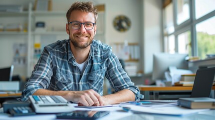 Fototapeta premium Smiling man in casual office setting with documents and electronic devices on desk.