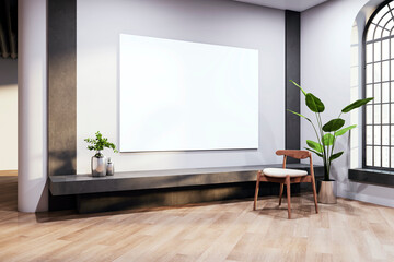 An interior design presentation with an empty white poster on the wall, wooden chair, potted plant, in a luxurious room with large windows. 3D Rendering