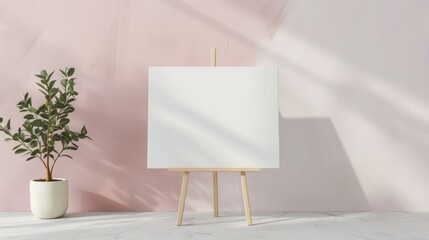 Blank canvas on an easel in a room with potted plants.