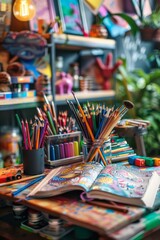 Fototapeta premium Coloring book with intricate designs and various art supplies on a desk.