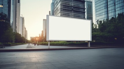 Blank white billboard in a modern urban setting.