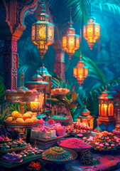 Fototapeta premium A festival bazaar with colorful lanterns, sweets, and other Eid decorations.