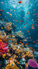 Vibrant coral reef teeming with colorful fish, underwater paradise