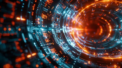 Obraz premium A digitally rendered image of a futuristic tunnel with glowing orange and blue lights, creating a sense of depth and movement