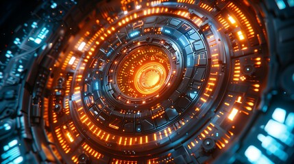A close-up view of a futuristic spaceship engine core, glowing with orange and blue lights