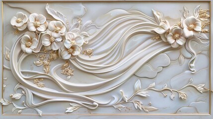 Ornate floral relief with flowing ribbons on a textured background. Decorative and elegance concept.