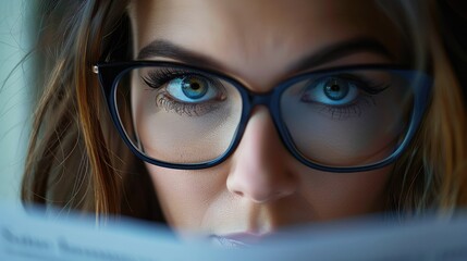 Businesswoman's face displaying focus while reading a document