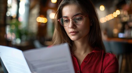 Businesswoman's face displaying focus while reading a document