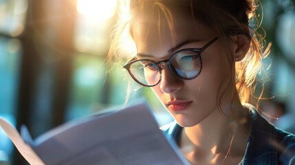 Businesswoman's face displaying focus while reading a document