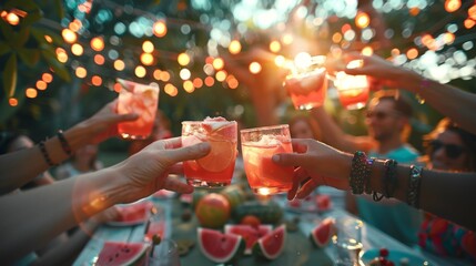 Sunset Celebration with Friends Toasting Drinks