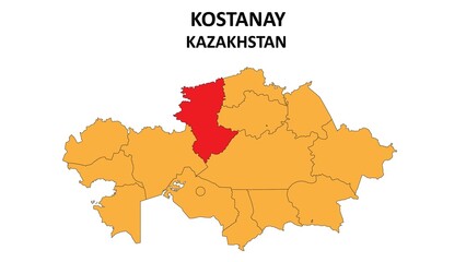 Kostanay Map in Kazakhstan. Vector Map of Kazakhstan. Regions map of Kazakhstan.