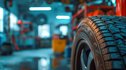 
A tire in focus at an auto repair shop garage, with tools and equipment blurred in the background