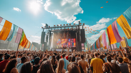 A vibrant summer music festival crowd with hands in the air, stage lights in the background