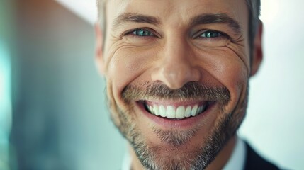 Close-up of a businessman's face, expressing joy and satisfaction