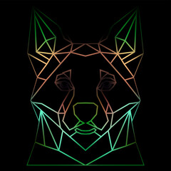 Colorful geometric dog head on a black background with a gradient lines, line drawing, neon lighting. Vector art, sots art, low poly, cubo-futurism, sticker, cartoon avatar, animal logo, surreal