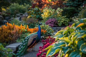 Naklejka premium Magnificent peacock with stunning plumage poses in a lush garden at sunset, displaying its splendid tail in a breathtaking show of natural beauty