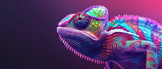 Obraz premium Close-up of a vibrant chameleon against a black background, showing its colourful scales and intricate patterns.