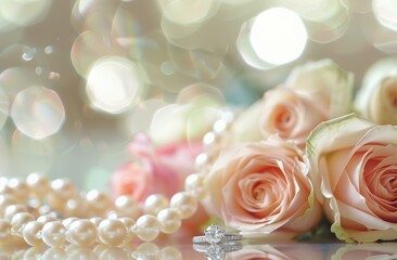 A beautiful bouquet of roses and two golden wedding rings on a white table with pearls