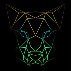 Colorful geometric dog head on a black background with a gradient lines, line drawing, neon lighting. Vector art, sots art, low poly, cubo-futurism, sticker, cartoon avatar, animal logo, surreal