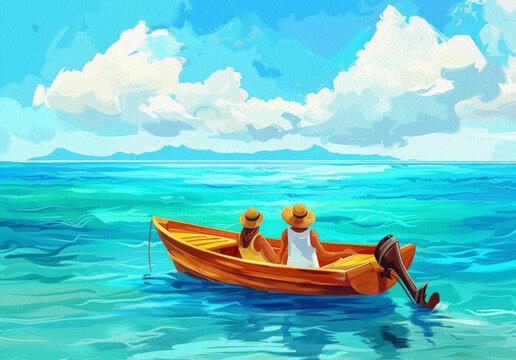 Pareja en un bote en el oc&eacute;ano.