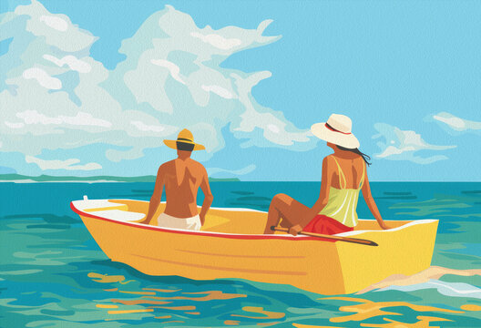 Pareja en un bote en el oc&eacute;ano.