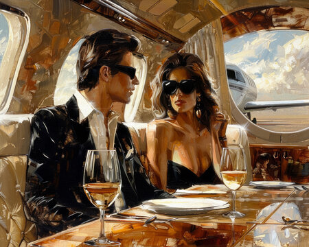 Pareja de millonarios en jet privado tomando champan.