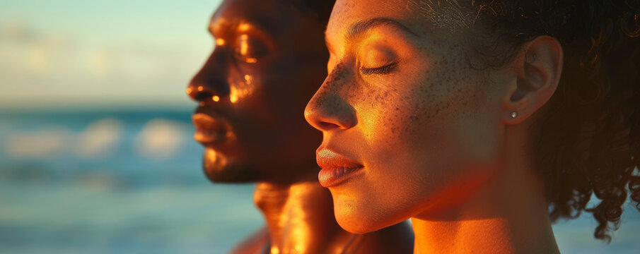 Rostros de pareja afroamericana en el atardecer en la playa.