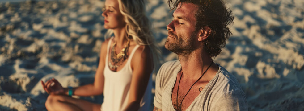 Pareja meditando en la playa.