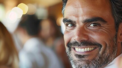 Fototapeta premium Close-up of a businessman's face, smiling confidently at a networking event