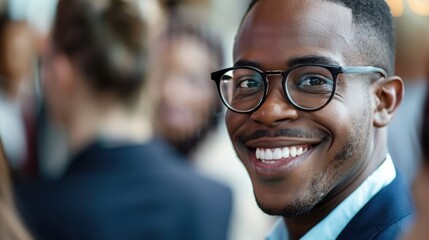 Close-up of a businessman's face, smiling confidently at a networking event