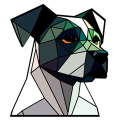 Dog head in a geometric style, black border, colored lines, polygon and triangle shapes. Vector art, sots art, low poly, cubo-futurism, sticker, cartoon avatar, animal logo surreal design, hologram