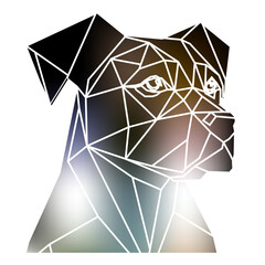 Stylized dog head a geometric style of triangles and different gradient colors with a white background, white lines. Vector art, sots art, low poly, cubo-futurism, sticker, cartoon avatar, animal logo