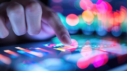 Close-up of a hand using a tablet to track online marketing KPIs and conversion rates