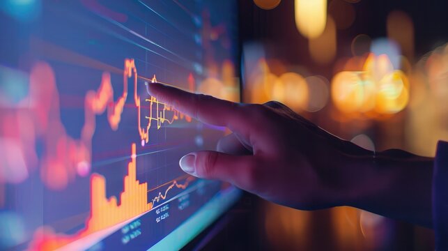 Close-up of a hand pointing at a graph on a computer screen